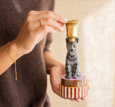 Handgemachter Kerzenhalter Katze Orange/Grau