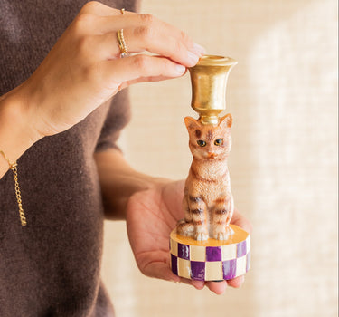 Handgemachter Kerzenhalter Katze Orange/Grau