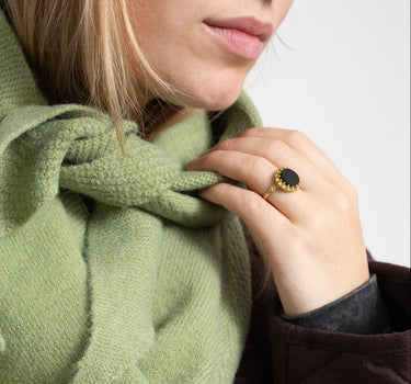 Brass dark green resin dot ring Gold