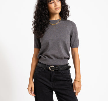 Aware Cara O-Neck Wool Knit Top Dark Grey Melange