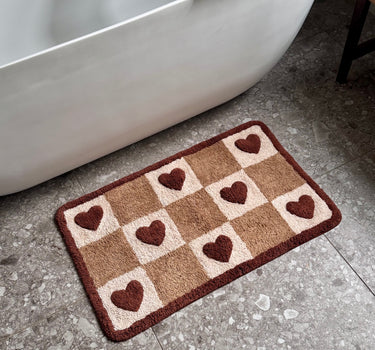 Bath Mat Checker Hearts Brown