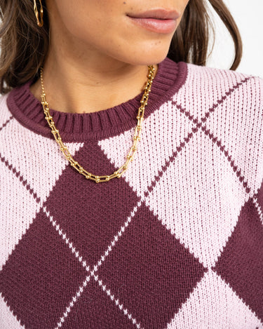 Acy O-Neck Argyle Knit Fig/Romance Rose - Things I Like Things I Love