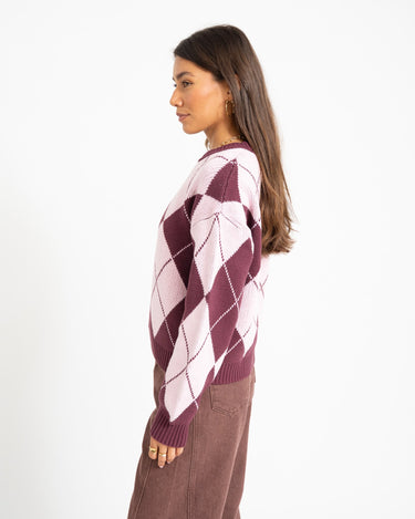 Acy O-Neck Argyle Knit Fig/Romance Rose - Things I Like Things I Love