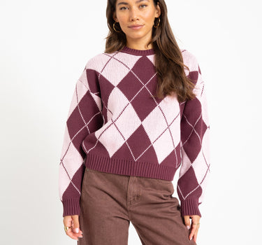 Acy O-Neck Argyle Knit Fig/Romance Rose - Things I Like Things I Love