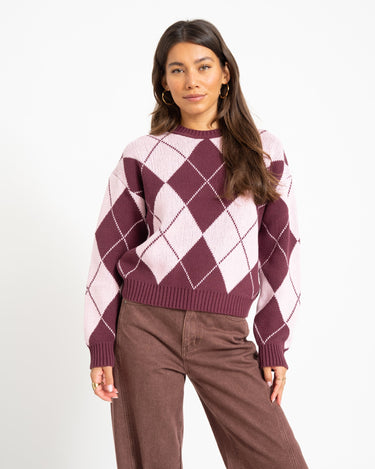 Acy O-Neck Argyle Knit Fig/Romance Rose - Things I Like Things I Love