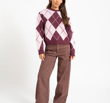 Acy O-Neck Argyle Knit Fig/Romance Rose - Things I Like Things I Love