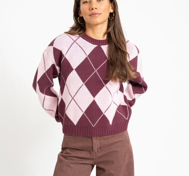 Acy O-Neck Argyle Knit Fig/Romance Rose - Things I Like Things I Love