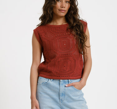 Aware Baylee Boatneck Crochet Top Russet Brown - Things I Like Things I Love