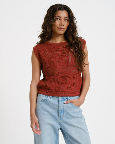 Aware Baylee Boatneck Crochet Top Russet Brown - Things I Like Things I Love