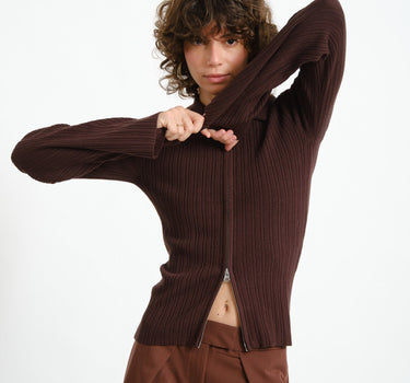 Aware Hanna Zip Rib Knit Cardigan Chocolate Plum - Things I Like Things I Love