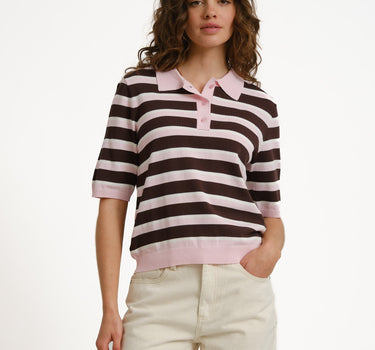Aware Oline Knit Polo Top Pink Brown - Things I Like Things I Love