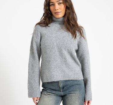 Babette Roll Neck Button Knit Medium Grey Melange - Things I Like Things I Love