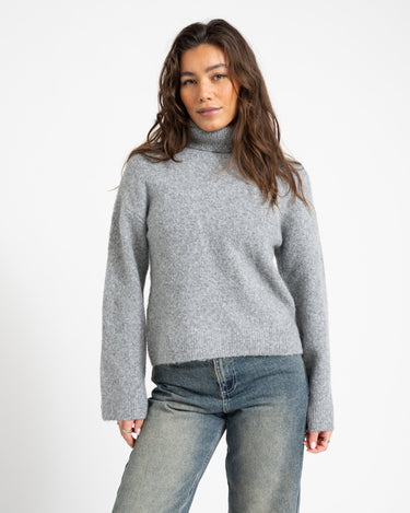 Babette Roll Neck Button Knit Medium Grey Melange - Things I Like Things I Love