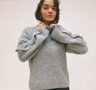 Babette Roll Neck Button Knit Medium Grey Melange - Things I Like Things I Love