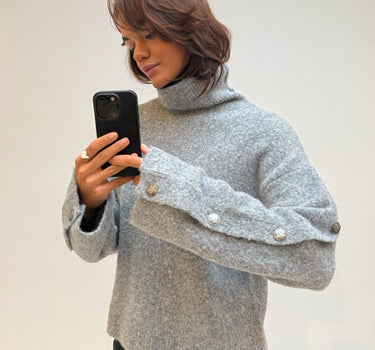 Babette Roll Neck Button Knit Medium Grey Melange - Things I Like Things I Love