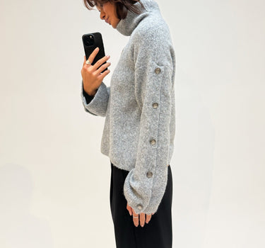 Babette Roll Neck Button Knit Medium Grey Melange - Things I Like Things I Love