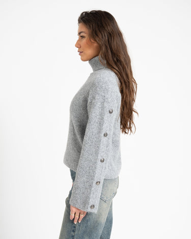 Babette Roll Neck Button Knit Medium Grey Melange - Things I Like Things I Love