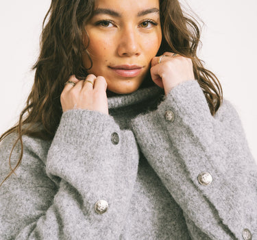 Babette Roll Neck Button Knit Medium Grey Melange - Things I Like Things I Love