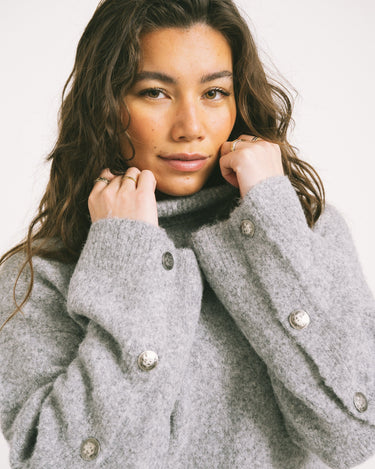 Babette Roll Neck Button Knit Medium Grey Melange - Things I Like Things I Love