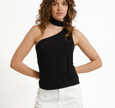 Bea One Shoulder Scarf Top Black - Things I Like Things I Love