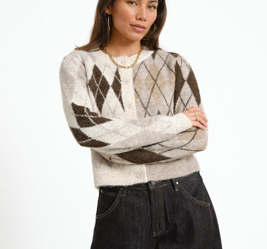 Bless Argyle Knit Cardigan Birch - Things I Like Things I Love