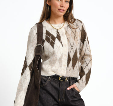 Bless Argyle Knit Cardigan Birch - Things I Like Things I Love