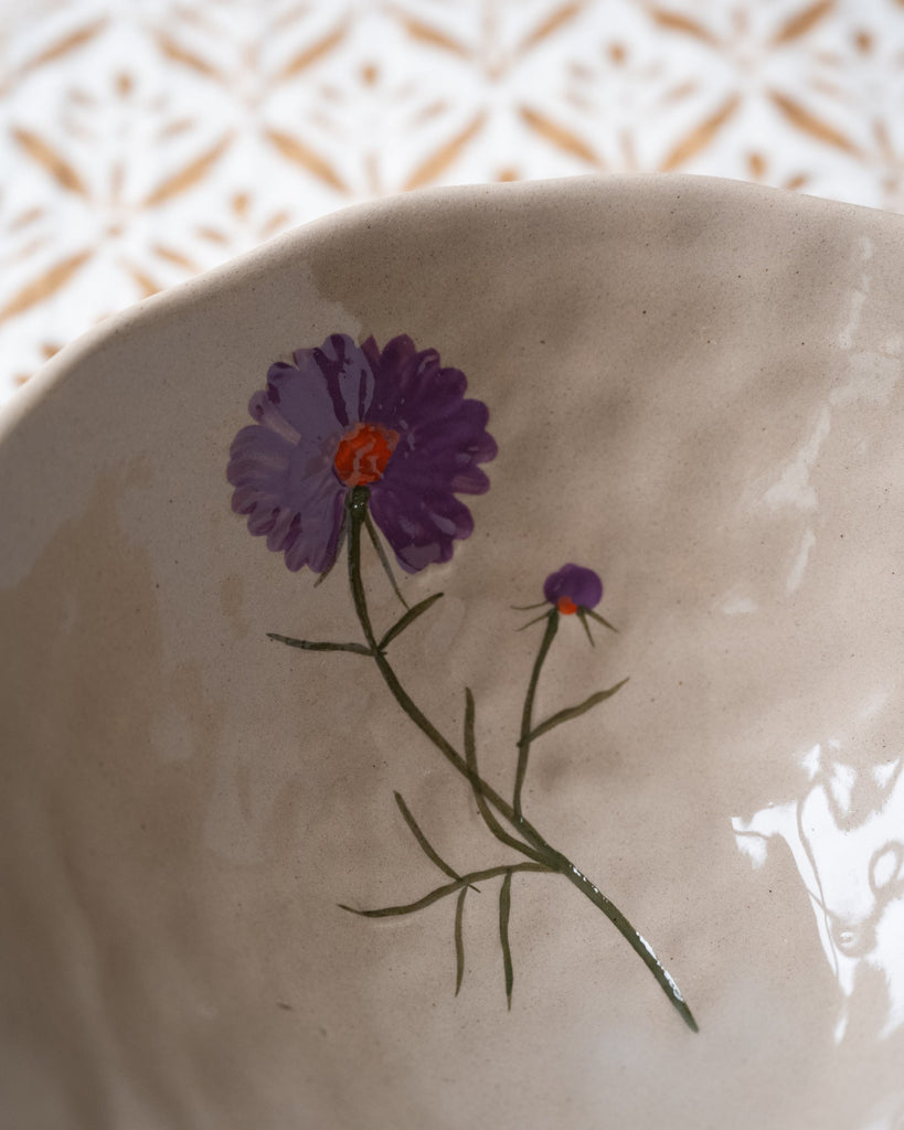 Bowl Flower Purple Stoneware Beige - Things I Like Things I Love
