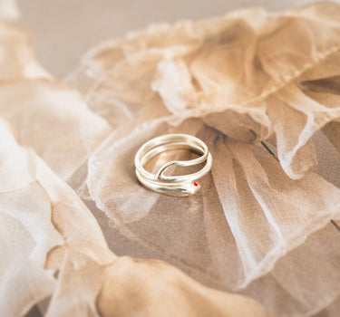 Brass Tiny Snake Ring With Red Resin Eye Silver - Things I Like Things I Love