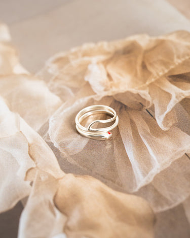 Brass Tiny Snake Ring With Red Resin Eye Silver - Things I Like Things I Love