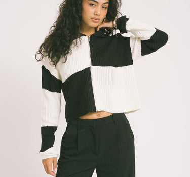 Charlie Collar Zip Knit Cardi Black Snow White - Things I Like Things I Love