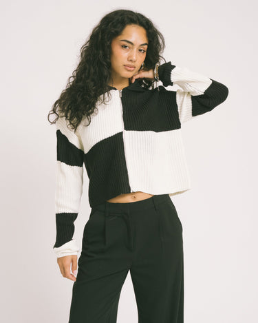 Charlie Collar Zip Knit Cardi Black Snow White - Things I Like Things I Love