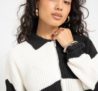 Charlie Collar Zip Knit Cardi Black Snow White - Things I Like Things I Love
