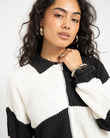 Charlie Collar Zip Knit Cardi Black Snow White - Things I Like Things I Love