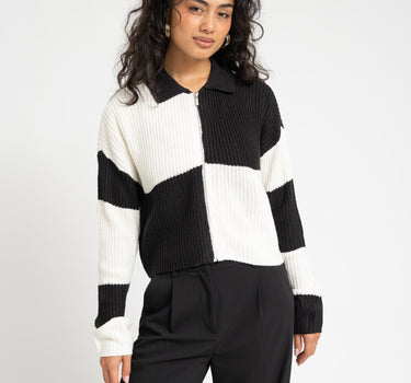 Charlie Collar Zip Knit Cardi Black Snow White - Things I Like Things I Love