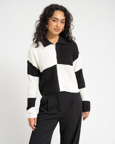 Charlie Collar Zip Knit Cardi Black Snow White - Things I Like Things I Love