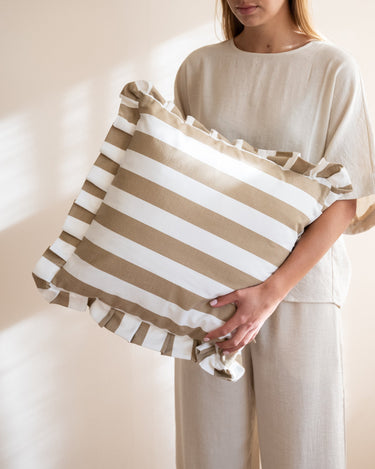 Cushion Bella Ruffle Striped Brown - Things I Like Things I Love