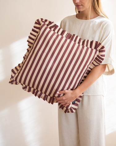 Cushion Ruth Ruffle Striped Burgundy - Things I Like Things I Love