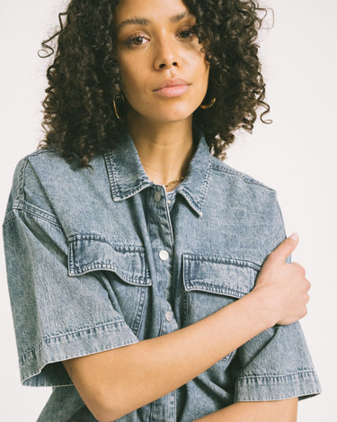 Enza Reg Crop Shirt Medium Blue Denim - Things I Like Things I Love
