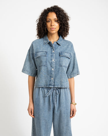 Enza Reg Crop Shirt Medium Blue Denim - Things I Like Things I Love