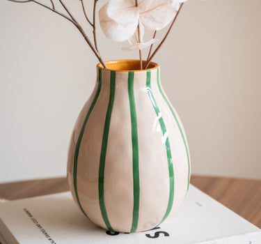 Hand Painted Vase Stripe Beige/Green - Things I Like Things I Love