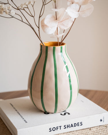 Hand Painted Vase Stripe Beige/Green - Things I Like Things I Love