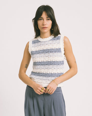 Laika O - Neck Knit Top Stripe White Blue - Things I Like Things I Love
