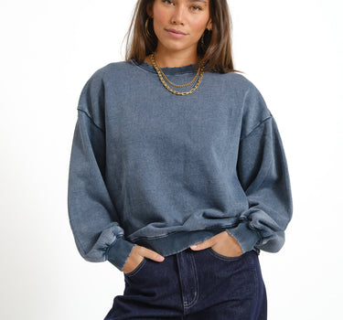 Lippa Loose Wash Crew Sweater Blue Indigo - Things I Like Things I Love