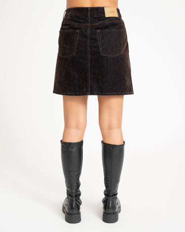 Mia Flock Short Denim Skirt Brown - Things I Like Things I Love