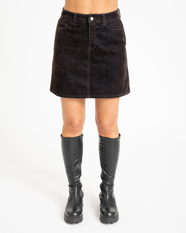 Mia Flock Short Denim Skirt Brown - Things I Like Things I Love
