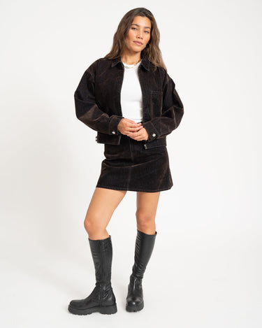 Mia Flock Short Denim Skirt Brown - Things I Like Things I Love