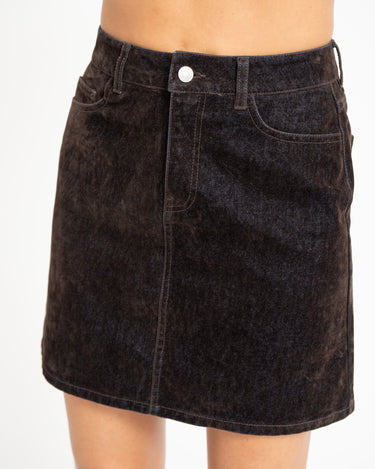 Mia Flock Short Denim Skirt Brown - Things I Like Things I Love