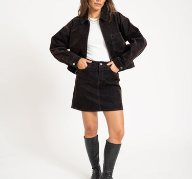 Mia Flock Short Denim Skirt Brown - Things I Like Things I Love