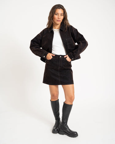 Mia Flock Short Denim Skirt Brown - Things I Like Things I Love