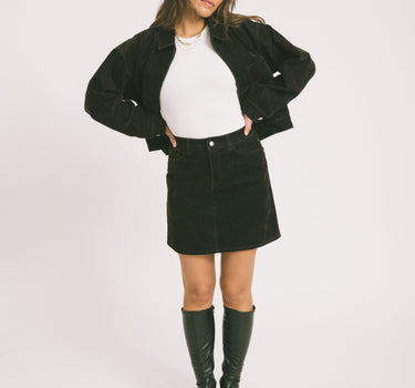 Mia Flock Short Denim Skirt Brown - Things I Like Things I Love